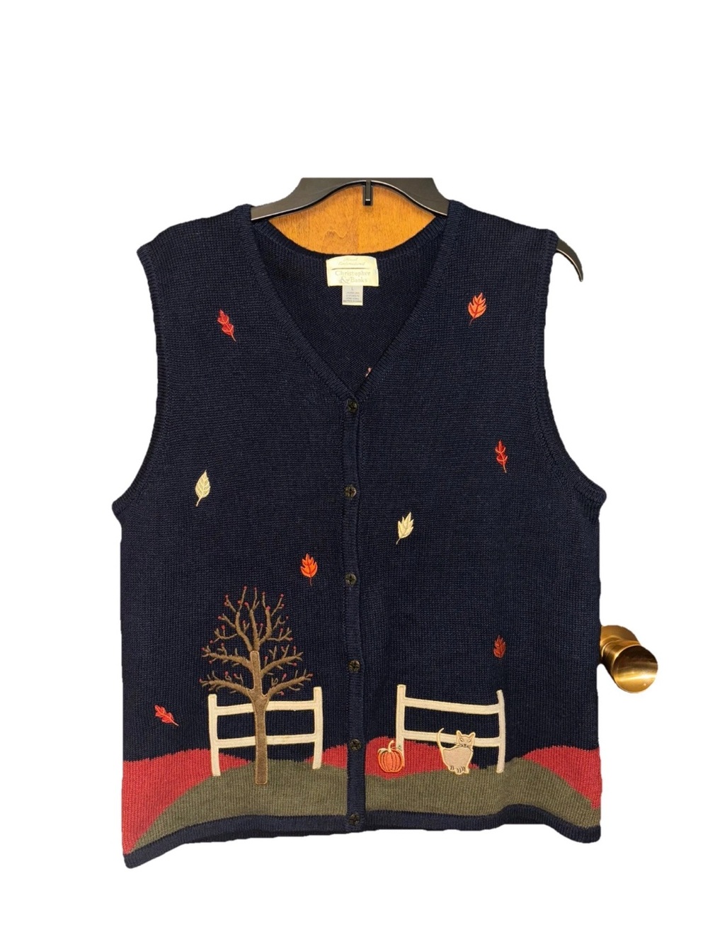 Large Women’s Christopher Banks Navy Autumn Knit Button-Up Sweater Vest pumpkin